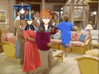 a group of people are dancing in a living room with anime characters .