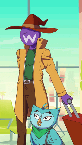 a cartoon character with a w on his head is holding a suitcase