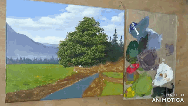 a painting of a river and a tree is being made in animatica