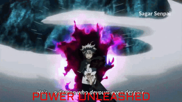 a picture of a demon with the words " he 's a demon who devours even despair power unleashed " on the bottom