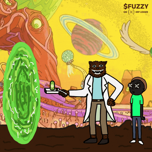 a cartoon of rick and morty with the words $ fuzzy on the bottom right
