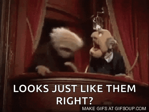 two muppets are standing on a balcony talking to each other and the caption says `` looks just like them right '' .