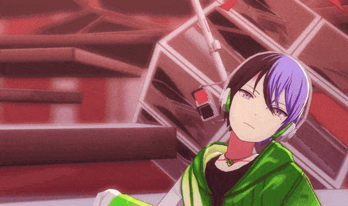 a purple haired anime character wearing headphones