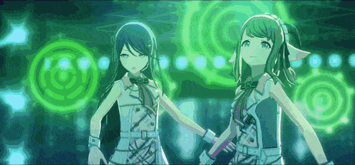 two anime girls are standing next to each other in front of a green background .