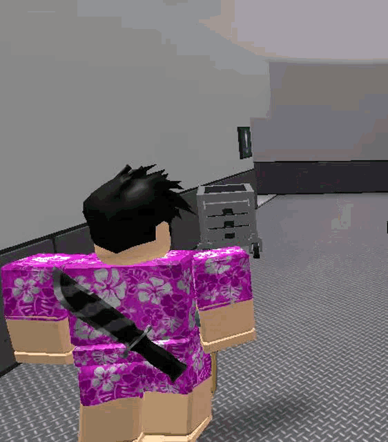 a cartoon character in a purple shirt is holding a sword