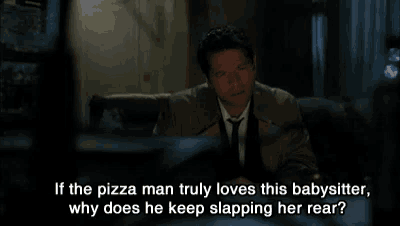 a man in a suit and tie is sitting on a couch and says if the pizza man truly loves his babysitter