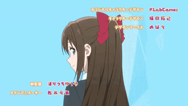 a girl with a red bow in her hair and the words klabgames on the top