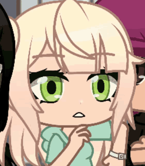 a cartoon girl with blonde hair and green eyes is wearing a watch