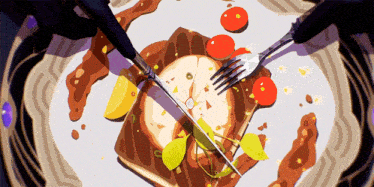 a plate of food with a knife and fork and a clock on it