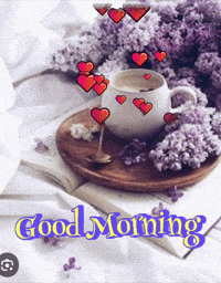 a good morning greeting card with a cup of coffee and purple flowers on a wooden tray