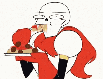 papyrus is holding a tray of food and eating a piece of pizza .