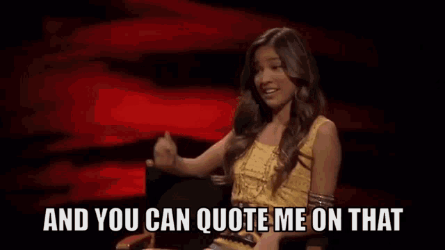 a woman is sitting in a chair and saying `` and you can quote me on that `` .