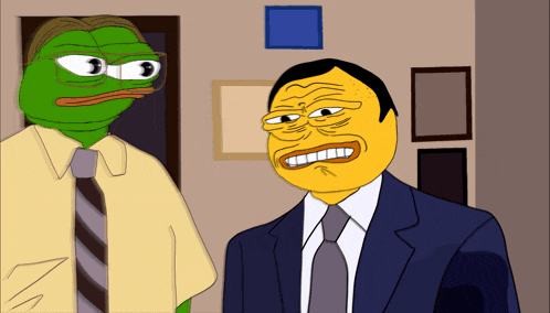 a cartoon of a man in a suit and tie talking to another man with a yellow face