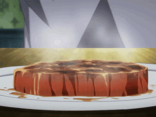 a piece of steak is on a white plate with sauce on it