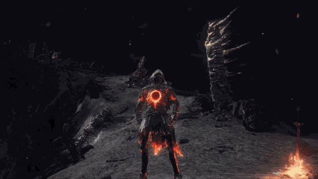 a video game screen shows a character with a sword and a ring around their back that says " carthus flame arc "