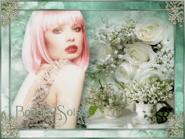 a woman with pink hair is surrounded by white flowers and the words bonne soirée
