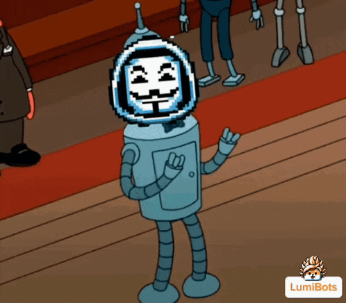 a cartoon drawing of a robot with a mask on his head
