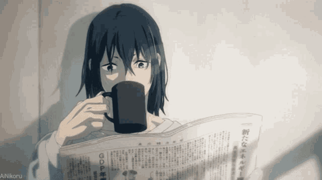 a woman drinking a cup of coffee while reading a newspaper that says gdp