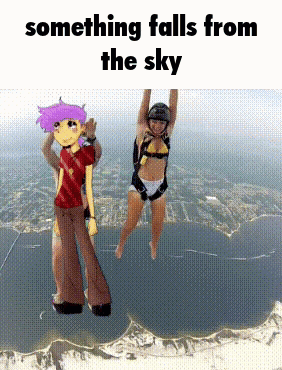 a cartoon of a man and a woman in the sky with the words something falls from the sky