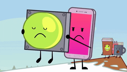 a cartoon character is holding a pink cell phone with a face on it .