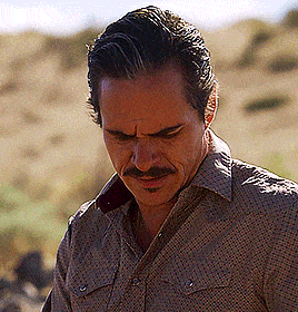 a man with a mustache wearing a plaid shirt looks down