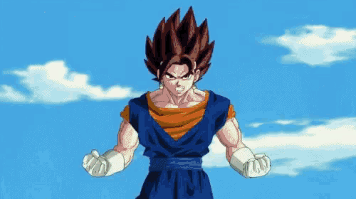 a cartoon character with red hair is standing in front of a blue sky with white clouds .