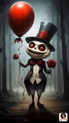 a skeleton holding a red balloon and a red rose