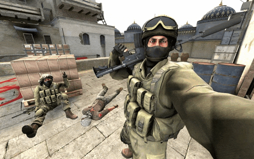 a soldier in a video game takes a selfie with his gun
