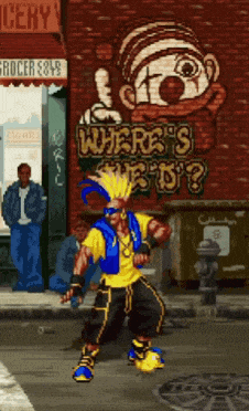 a video game character is standing in front of a grocery store with graffiti on it