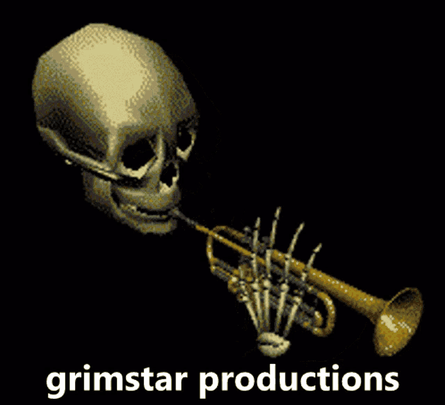 a skeleton is blowing a trumpet and the words grimstar productions are below it