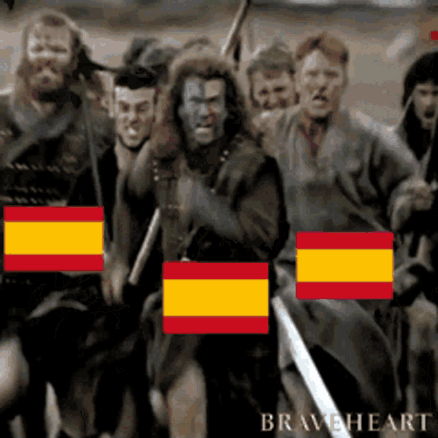 a group of men holding swords with spanish flags covering their faces in braveheart
