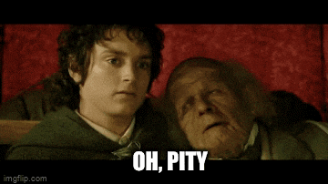 an older man and a younger man are sitting next to each other with the words oh pity below them