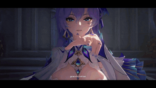 a purple haired anime girl with the words grace in a virtue above her