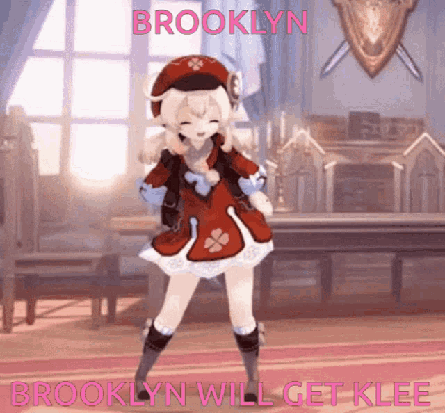 a girl in a red dress is dancing in a room with the words brooklyn will get klee on the bottom