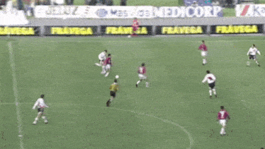 a soccer game is being played on a field with ads for edicorp and fravega on the sidelines