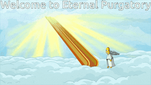 a cartoon scene with the words welcome to eternal purgatory on the bottom