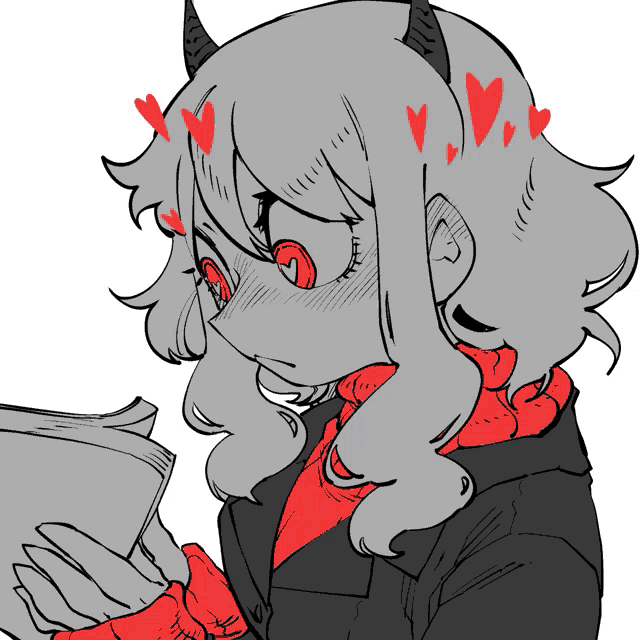 a drawing of a girl with horns and hearts on her face