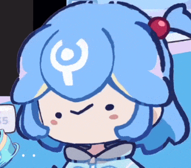 a cartoon drawing of a girl with blue hair and a white circle on her head