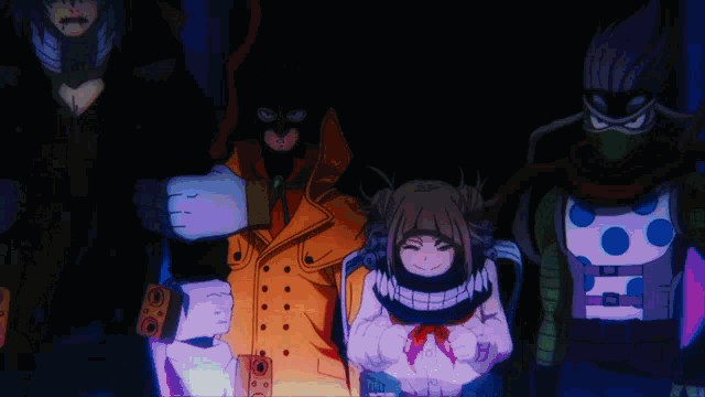 a group of anime characters are standing next to each other with their hands in the air .