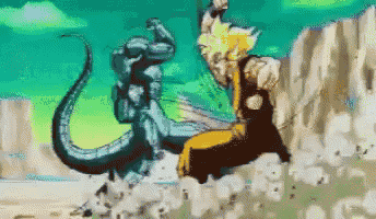 a pixel art of a man fighting a monster