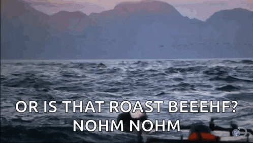 a person in a boat in the ocean with the words or is that roast beeehf nohm nohm on the bottom