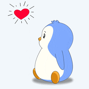 a blue and white penguin is looking at a red heart with rays coming out of it