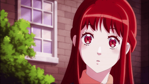 a girl with red hair and red eyes stands in front of a brick building