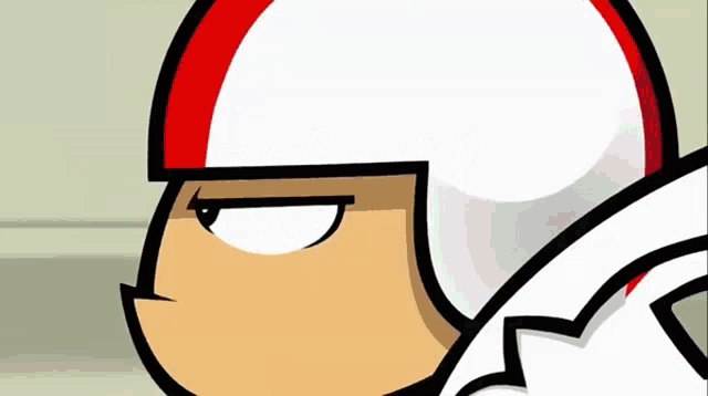 a close up of a cartoon character wearing a helmet
