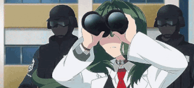 a girl with green hair is looking through binoculars in front of a group of men .