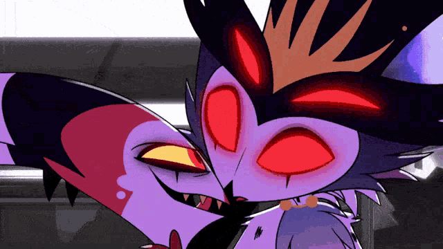 a purple cartoon character with red eyes and a crown