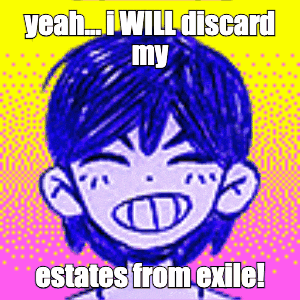 a cartoon of a boy with blue hair is smiling and says yeah i will discard my estates from exile !