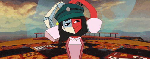 a cartoon character with a green hat is dancing