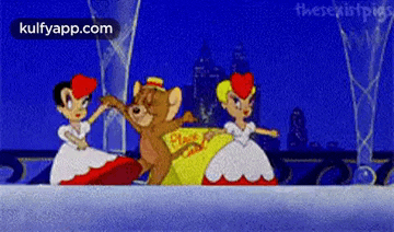 a cartoon of a mouse and two women dancing on a balcony .