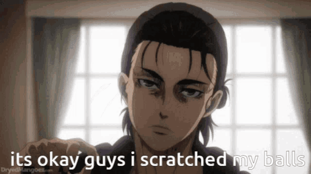 a picture of a man pointing with the words " its okay guys i scratched my balls "